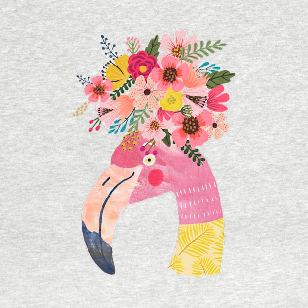 Cute Flamingo in pink and yellow with flowers on head by MiaCharro